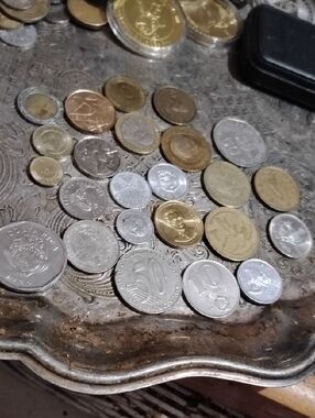 Mixed Foreign Coin Collection on Decorative Metal Tray